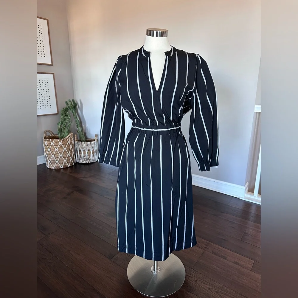 J. Crew Cinched-Waist Cotton Poplin Midi Dress Black & Ivory Stripe LG Worn 1x - Picture 2 of 13